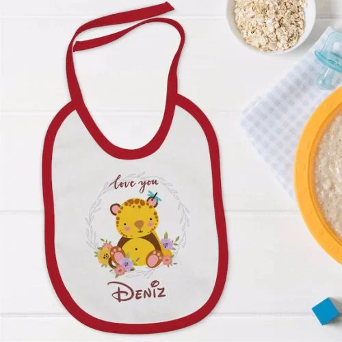 Kişiye Özel İsimli Kırmızı Bebek Mama Önlüğü